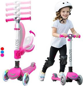 Stompa Toddler Scooter for Kids Ages 3-5 Girls Boys, 3 Wheel Light Up Scooters for Kids 2-5 with Removable Flipped-Out Seat & Adjustable Height, Foldable Pink Scooter for 3-8 Year Old, Lean to Steer