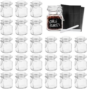 Oak & Steel 24 Mini Airtight Glass Spice Jars with Lids, 48 Labels & Chalk Pens (3.4oz/ 100ml) Square Bottles, Mason Jars, Seasoning Containers