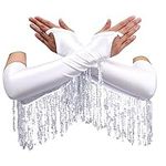 Yikisdy Women 1920s Tassel Glitter Long Gloves Sequin Opera Fingerless Glove Rave Party Satin Arm Sleeves(Black), White, One Size