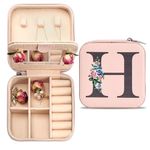 Seorsok Personalized Letter Jewelry Box, PU Leather Travel Portable Case with Mirror, Mini Pink Alphabet Flower for Women Mom Girls Gift, Jewelry Storage Case for Rings Earrings Necklace, Letter H