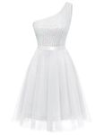 BeryLove Womens Sequin Dress Sparkly Glitter One Shoulder Party Club Dress Bodycon Dresses Prom Dress, Tulle White, Small