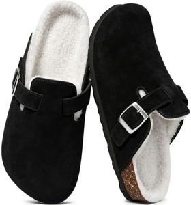 KIDMI Women's Fur Lined Suede Clogs Fuzzy Cork Footbed Mules Slip On Winter Potato Shoes, Black 36 (Size 5.5-6)