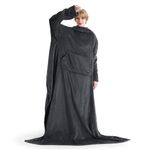 Bedsure Wearable Blanket with Sleeves Women - Warm Fleece Blanket as Gifts for Her, Cosy TV Blankets with Front Pocket for Adults Men, Ash Black, 150 x 200 cm