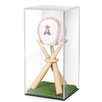 Baseball Display Case and Wood Baseball Stand Acrylic Baseball Holder Acrylic Box with Grass Pad for Ball Display Mini Wooden Bat Baseball Holders for Memorabilia Autograph Ball (1 Pack)