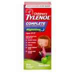 TYLENOL Children’s Complete Cold, Cough & Fever Suspension Liquid, Nighttime, Relieves Cough, Cold & Fever symptoms, 100mL, Green Apple Flavour, For ages 6-11yrs