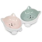 Navaris 2 x Ceramic Cat Bowls - Twin Pack of Cat Feeding Dishes with Anti Slip Silicone Feet - Rose and Green Cat Shaped Food and Water Bowls for Cats