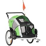 PawHut Dog Bike Trailer 2-in-1 Pet Stroller for Large Dogs Cart Foldable Bicycle Carrier Aluminium Frame with Safety Leash Hitch Coupler Reflector Flag Green