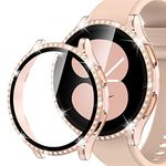 Kamita Diamond Case Compatible with Samsung Galaxy Watch 4/FE(2024) 40mm,Glitter Hard PC Bumper Cases with Tempered Glass Screen Protector,Shockproof Bling Protective Cover for Watch4(Pink-Rosegold)