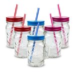 Pack of 6 Mason Jars with Handles, 500 ml Durable Drinking Glasses with Lids, Straws – Perfect for Cold Beverages