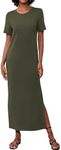 Casly Lamiit Women's Short Sleeve Double Split Maxi Dress 2024 Summer Casual Plain Striped Loose T Shirt Long Dresses, Army Green, X-Small