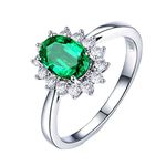 AMDXD Women's Rings 18K White Gold, Engagement Ring Woman Flower Shape Emerald Green 0.64ct with White Diamond Rings Woman, 20, Emerald