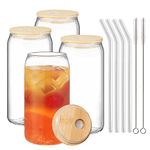 480ml Transparent Can Glass Cups with Wooden Lid and Glass Straw, Reusable Can Shaped Drinking Glasses for Cold Drink Juice Coffee Cocktail Whiskey (4pcs)