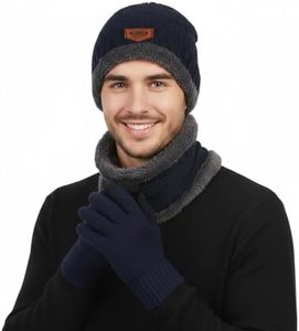 Winter Hat Scarf Gloves Set, 3-in-1 Knit Beanie with Fuzzy Lining, Touch Screen Mittens, Circle Scarf for Men Women (Dark Navy)