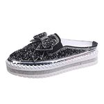 EaGo Women Shining Rhinestone Slip-on Loafers with Cute Bowknot, Black-1, 7.5