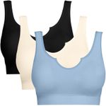 BESTENA Sports Bras for Women, Seamless Comfortable Yoga Bra with Removable Pads, 12-3 Pack Black Nude Light Blue, Medium