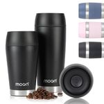 Moon 360° Travel Mugs - Leakproof Reusable Coffee Cup for Hot Drinks - Insulated Stainless Steel Thermal Mug, Fits Car Cup Holders (450ml, Powder Coat/Black)