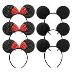 CHuangQi Mouse Ears Solid Black and Red Bow Headband for Boys and Girls Birthday Party or Celebrations (Pack of 6)