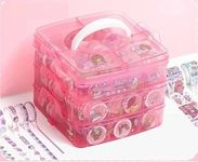 Invite Enterprise Washi Tape Set-100 Pcs Designer Decorative Gift Packing Tape Masking Tape with 20 Pcs Kawaii Sticker,Tweezer,Pen & Spatula in 3 Layer Box,Tapes for Art & Craft(Pink Color Box)