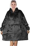 Oversized Flannel Blanket with Long Sleeves, Wearable and Cozy with Large Front Pocket, Sherpa Fleece Lining for Adults, Teens and Children One Size Fits All (Black)