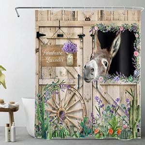 LB Farmhouse Donkey Shower Curtain Green Cactus Purple Floral Shower Curtains for Bathroom Rustic Barn Door Polyester Anti Mould Waterproof Small Bath Curtain Set with Hooks,59x71 inches