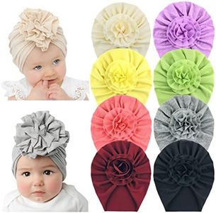 inSowni 8 Pack Solid Nursery Hospital Turban Hat Cap Beanie Bonnet with Big Flower for Baby Girls Toddlers Newborns Infants