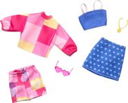 Barbie Clothes, Doll Fashions and Accessories Set Featuring 2 Complete Outfits in Pink and Blue Patterns, Necklace and Sunglasses