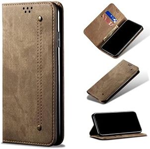 TiHen Compatible for Wallet Case Samsung Galaxy M31 Prime, Denim Leather Phone Case with Card Slots, Flip Magnetic Kickstand+Temper Glass Screen Protector*2-Khaki