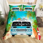 Summer Holiday Vacation Comforter Cover Camper Van Bedding Set Tropical Leaves Duvet Cover for Kids Boys Girls Microfiber Leaf Branches Bedspread Cover King Size