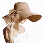 Lanzom Womens 5.5 Inches Big Bowknot Straw Hat Large Floppy Foldable Roll up Beach Cap Sun Hat UPF 50+, Khaki, One Size