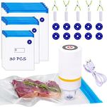 Sous Vide Bags, 42 PCS Electric Vacuum Sealer Food Vacuum Sealer & Reusable Vacuum Food Storage Bags for Anova, Joule Cookers -30 PCS Reusable Vacuum Sealer Bags,5 Clips & 5 Sealing Clips,Rechargeable Vacuum Sealer Set