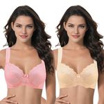 Curve Muse Women's Plus Size Unlined Underwire Lace Bra with Cushion Straps-Pink Print,Nude-Size:40DDD (EU:90F)