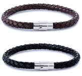 FIBO Steel 2PCS Stainless Steel Braided Leather Bracelet for Men Women Wrist Cuff Bracelet 7.5 inches