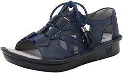 Alegria Women Valerie - Timeless Comfort, Arch Support and Travel Style - Retro Platform Slide for Everyday Elegance - Lightweight Full Coverage Leather Gladiator Sandal, Oiled Navy, 8-8.5