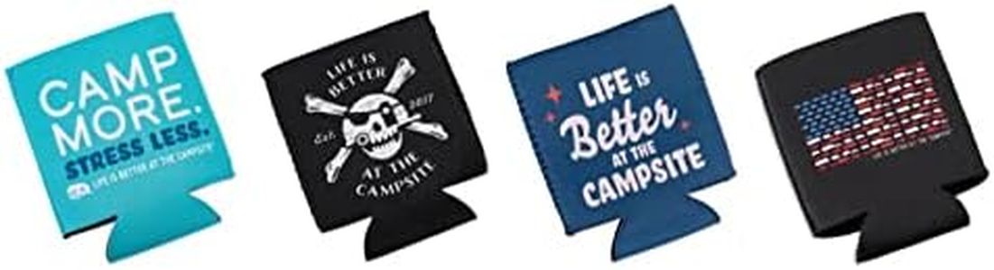 Camco Life is Better at The Campsite Cozie Can Cooler | Features a Soft Neoprene Material, Unique RV-Themed Designs, and is Ideal for RVs, Campers, Travel Trailers, Boats, and More | 4-Pack (53418)
