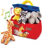 Bundaloo Plush Mini Zoo Playset - Giraffe, Elephant, Lion, Zebra - Interactive Animals, Carrier with Velcro Closure, Natural Sound Effects for Babies and Toddlers