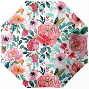 WSZYNDF Pink Watercolor Flowers Umbrella, Small Travel Compact Automatic Floral Folding Umbrella for Rain and Wind, UV Shade Sun Umbrella for Women