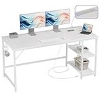 JOISCOPE 60 * 24 Inch Large Gaming White Computer Desk with Power Outlets, Home Office Desk with Storage Shelves and PC Stand for Small Space Home Office, Morden Simple Writing Table, White