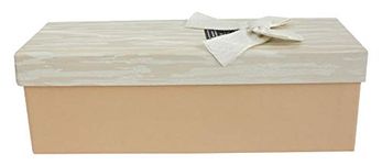 Emartbuy Rigid Luxury Rectangle Presentation Gift Box, Beige Box with Textured Wooden Effect Light Beige Lid, Chocolate Brown Interior and Decorative Bow