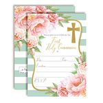 Watercolor Peony First Holy Communion Religious Party Invitations, 20 5"x7" Fill In Cards with Twenty White Envelopes by AmandaCreation