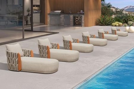 PURPLE LEAF Olefin Patio Chaise Lounge Chair Outdoor Set of 6, Modren Pool Lounge Chairs for Outdoor with Solid Wood Armrest, Aluminum Lounger Daybed with Cushion, Khaki
