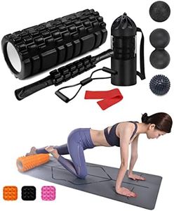 Foam Roller Set Includes Hollow Core Massage Roller,Peanut Ball ,Spiky Ball ,Stretching Band,Muscle Roller Stick,Massage Ball,Stretching Strap,Exercise Resistance Bands, Storage Bag,for Deep Tissue Massage, Pain Relief of Back, Legs, Exercise( OVTSPO 9 in 1 Black)
