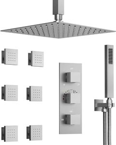 GRANDJOY Thermostatic Shower System in Wall, 12" Ceiling Mount Rainfall Shower Faucet Set with Handheld Sprayer & 6 Body Jets, Brushed Nickel
