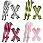 4 Pairs Womens Striped Thigh High Socks Over Knee High Socks Arm Warmer Fingerless Gloves Set for Halloween Costume