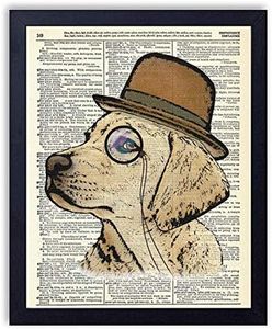 Golden Retriever Dog With Monocle, Vintage Dictionary Art Print, Antique Wall Art Home Decor, Modern Boho Poster, Farmhouse Decoration Living Room Bedroom Office 8x10 Inches, Ready To Frame