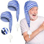 Eurzom 2 Pcs Striped Christmas Hats Pajama Hat Adjustable Sleeping Caps with Pom Ball for Christmas Party Supplies (Blue and White)