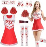 Harsever Cheerleader Halloween Costume,Zombie Fancy Dress Outfit,Cheerleader Costume and Fake Blood Halloween Lady Dress Up Pack,Halloween Blood Cheerleader Costume Set for Women (Red/Adults, M)