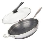CATHYLIN Wok Pan Stainless Steel Stir-fry Wok with Lid Hex Cladded 14" Non Stick Skillet with Stay-cool Handle PFOA Free Suitable for Induction, Ceramic, Electric, and Gas Cooktops