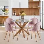 CLIPOP Round Tempered Glass Kitchen Table with 4 Velvet Upholstered Dining Chairs Rustic Industrial, 100cm, Wooden Pattern Metal Legs Dining Room Set (table + pink chairs)