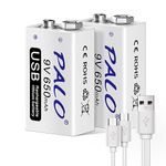 CITYORK 2 Pack 9V USB Rechargeable Battery 650mAh Li-ion with 2 in 1 USB Cable for Keyboard Microphone Smoke Alarm