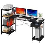 GYIIYUO Computer Desk 63 Inch with 4-Tier Wider 14'' Printer Shelves, Reversible Industrial Home Office Desk with Fabric Drawer and Extra Host Stand, Sturdy and Stable Study Desk, Space Saving, Black